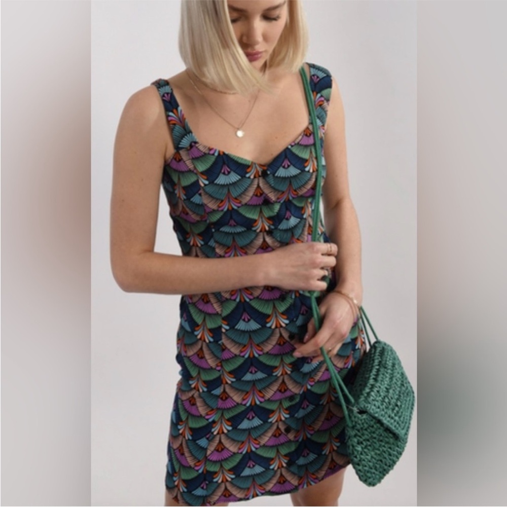 Molly Bracken Teal Multi-Color Scallop Print Mini Dress